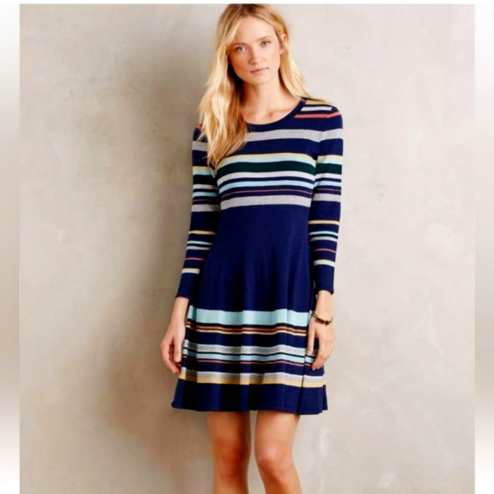 Anthropologie Moth Multicolored Luca Sweater Dress Striped Scoop Neck Sz M